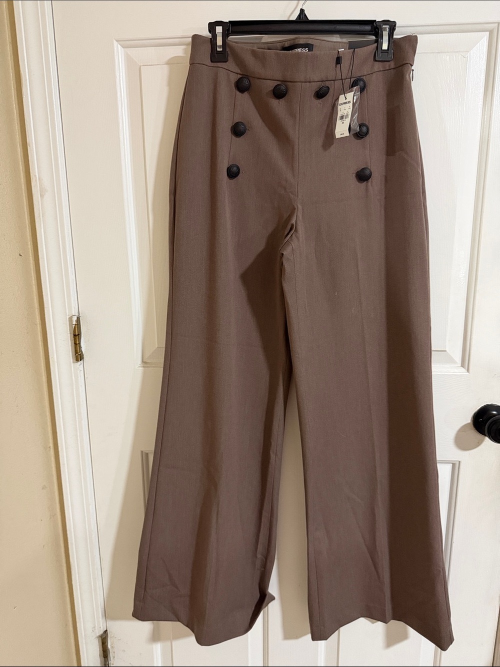 Express Brown Wide-Leg Pants with Black Button Accents